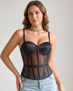 Top Corsetto Bustier Steccato in Rete Trasparente Vintage Francese