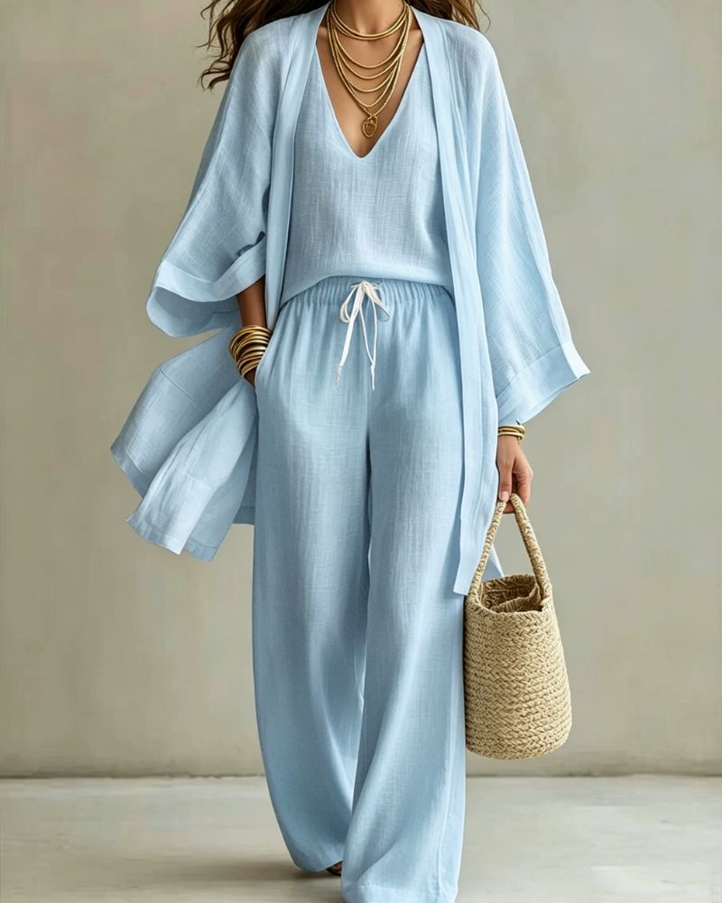 Sleeveless V-Neck Wide-Leg Three-Piece Set