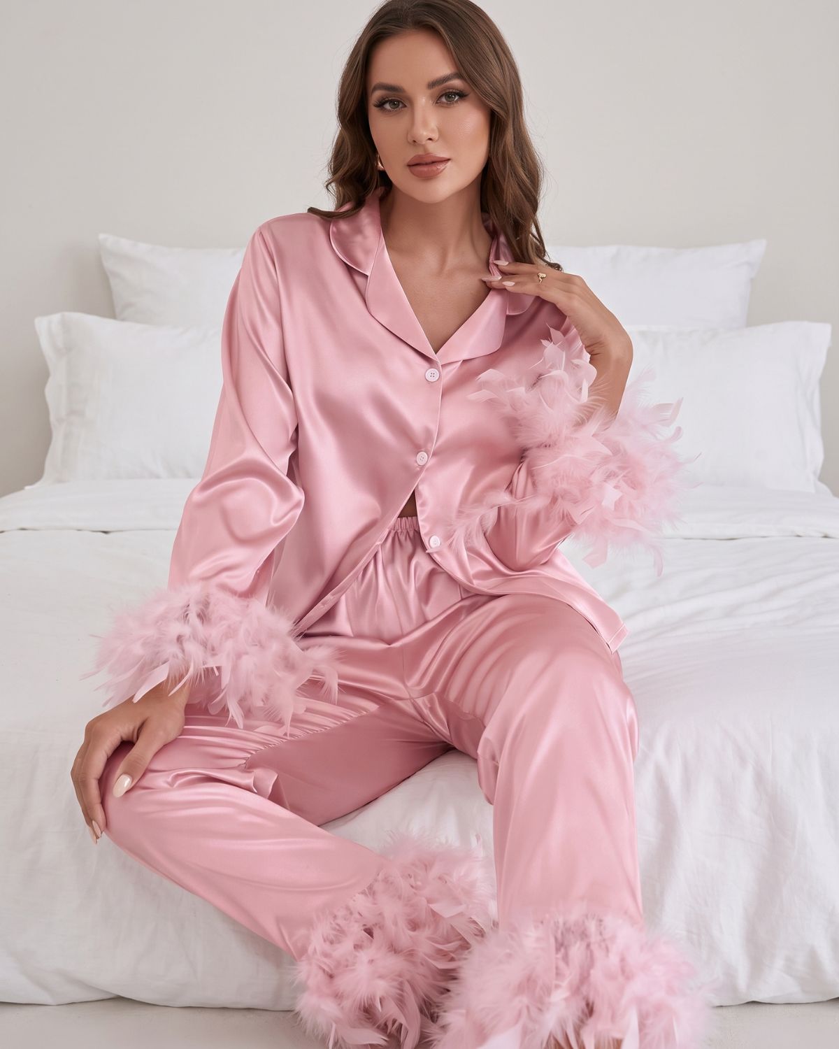 Feather-Trim Ice Silk Pajama Set