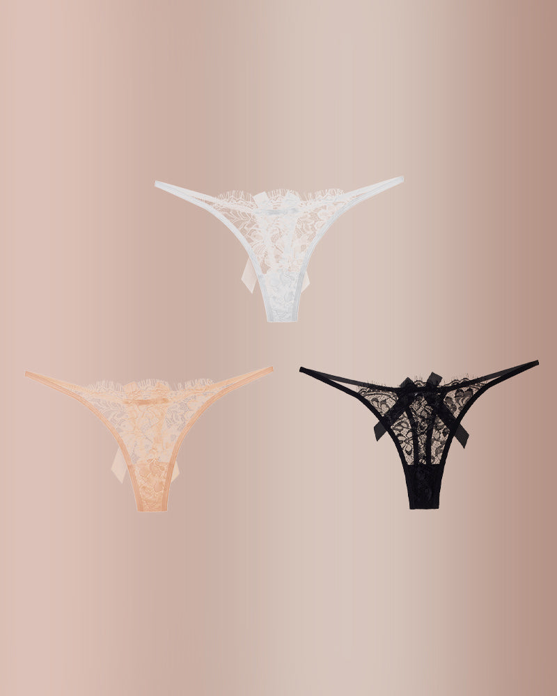 Eyelash Lace Strappy Floral Bow Thong