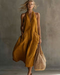 Vintage Vacation V-Neck Halter Linen Midi Dress with Pockets
