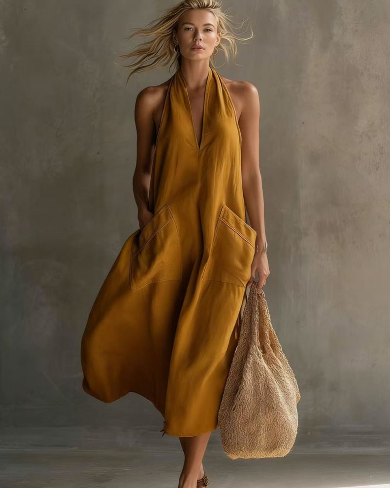 Vintage Vacation V-Neck Halter Linen Midi Dress with Pockets