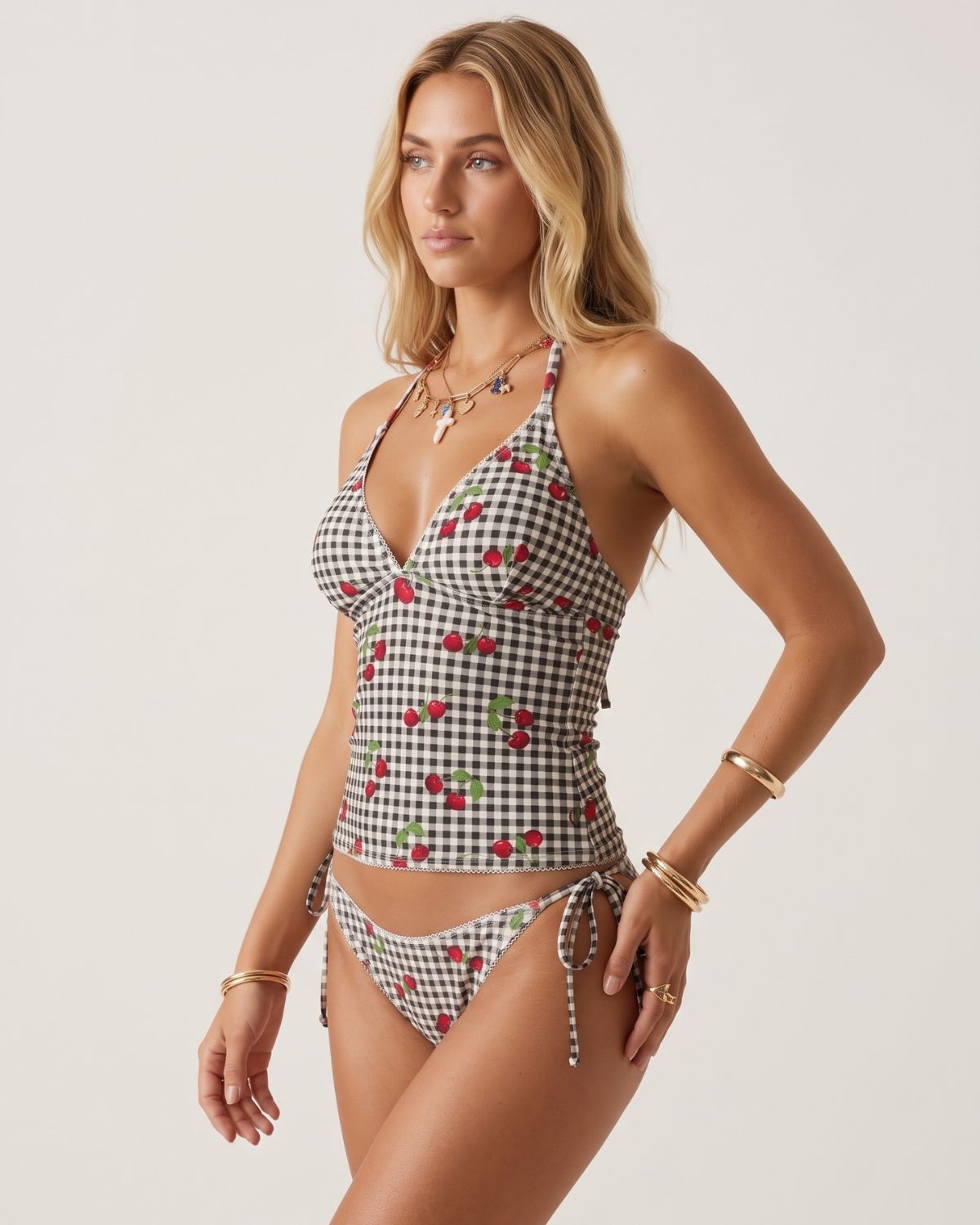 Sweet Cherry Grid Print Cute 2 Piece Bikini Set
