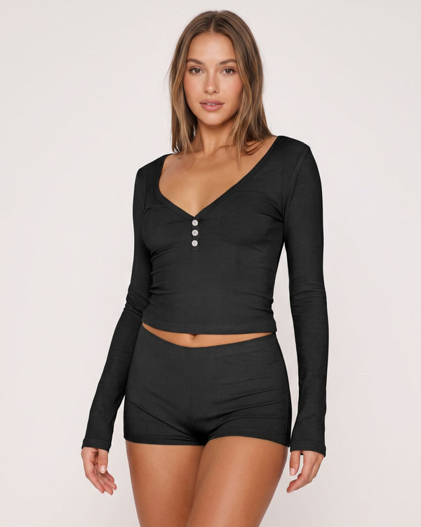 Button Front Crop Top & Shorts Set