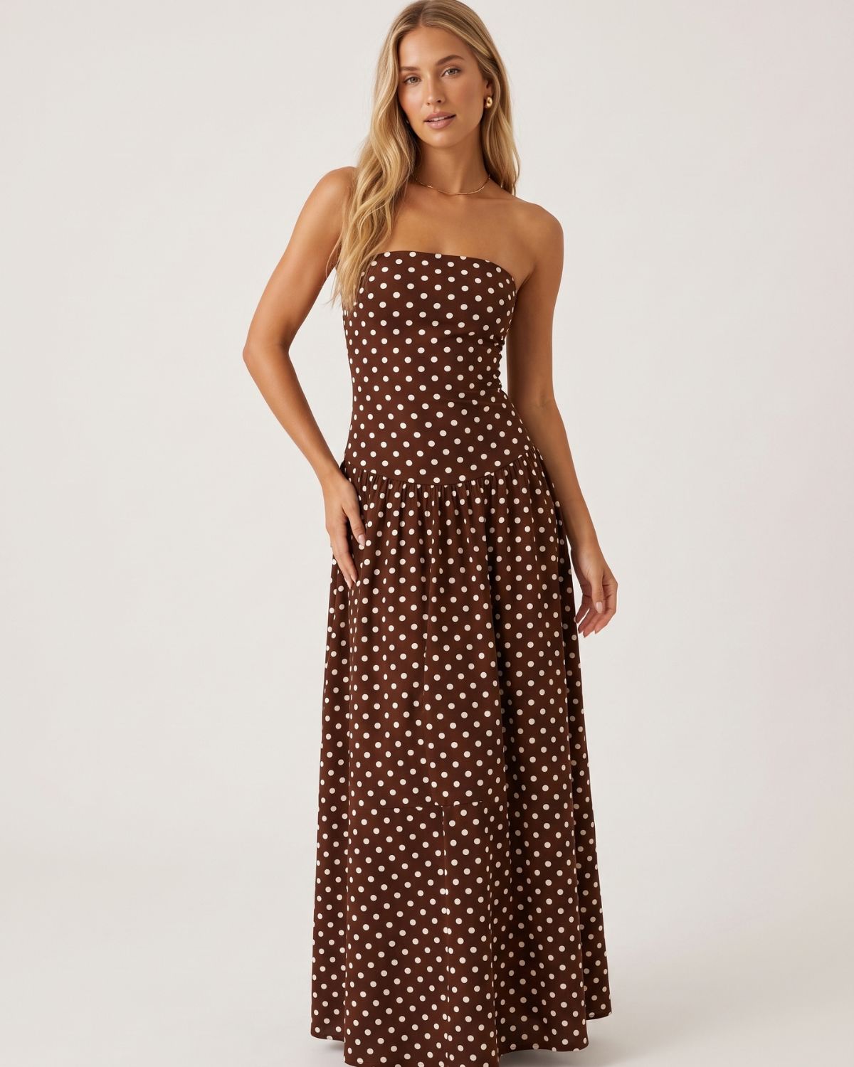 Vintage Polka Dot Strapless Ruffle Maxi Dress