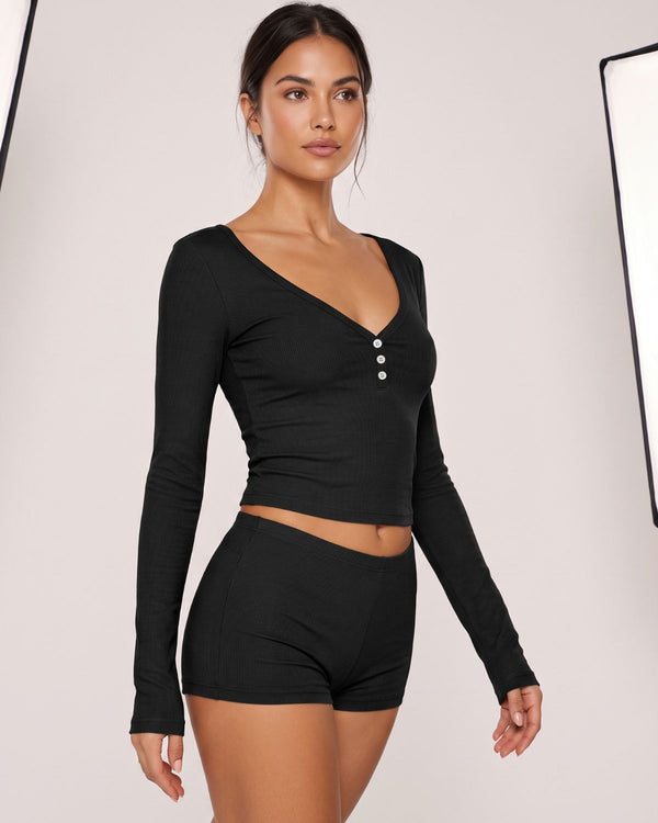 Button Front Crop Top & Shorts Set