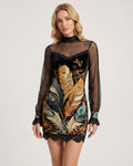 Lace-Trim Printed Mesh Mini Dress