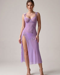 Mesh Butterfly High-Slit Slip Dress