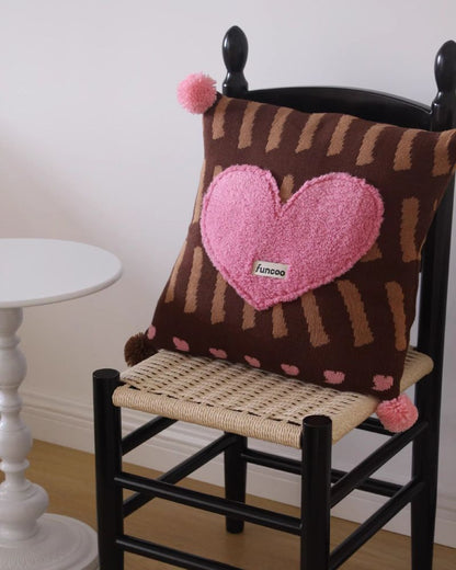 Fluffy 3D Heart Pillow - Plush Decorative Cushion with Pom-Pom Details