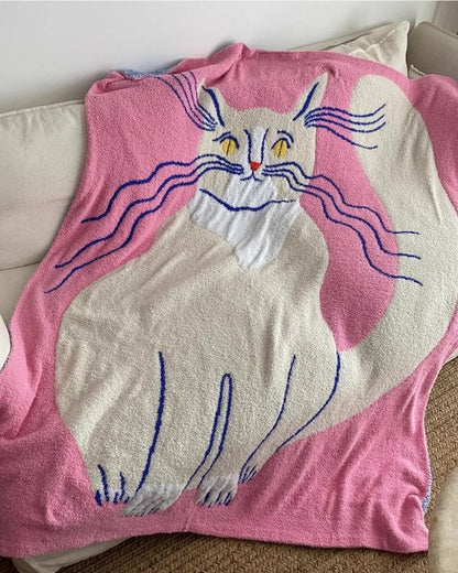 Thick Pink Cat Print Art Fleece Blanket - Cozy Throw for Sofa & Bed