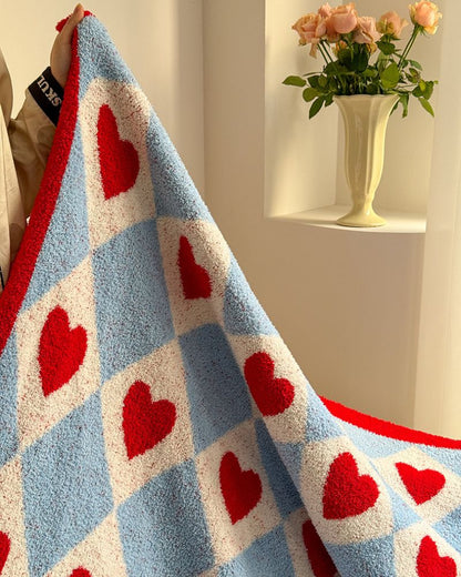 Color Block Heart Plush Blanket - Cute Designer Half-Side Fleece Throw