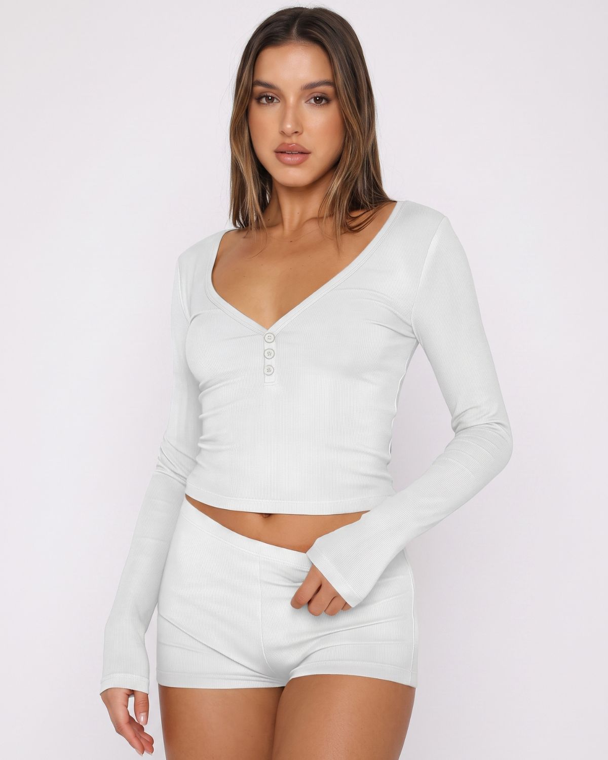 Button Front Crop Top & Shorts Set