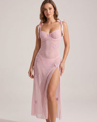 Mesh Butterfly High-Slit Slip Dress