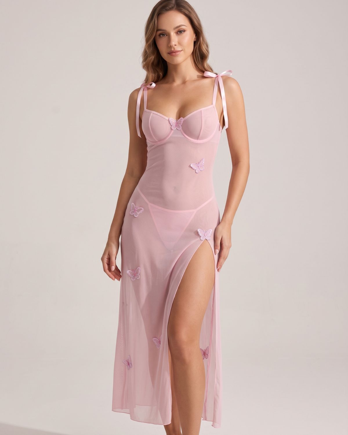 Mesh Butterfly High-Slit Slip Dress