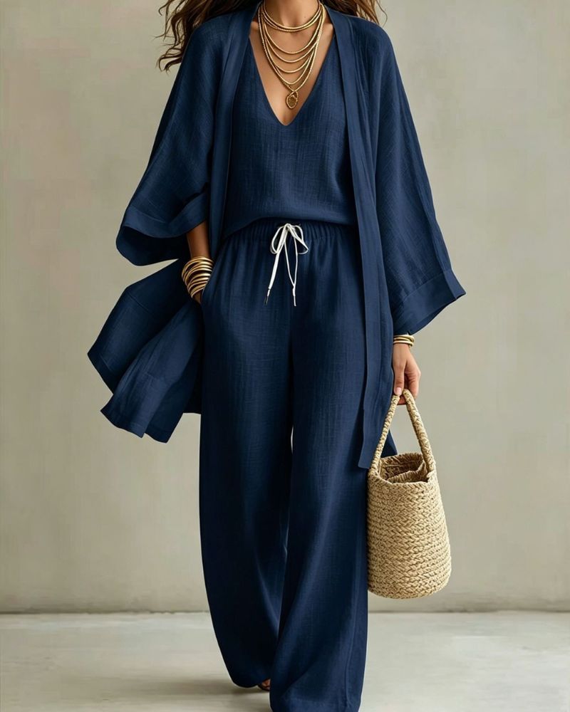Sleeveless V-Neck Wide-Leg Three-Piece Set