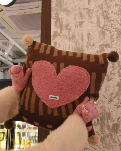 Fluffy 3D Heart Pillow - Plush Decorative Cushion with Pom-Pom Details
