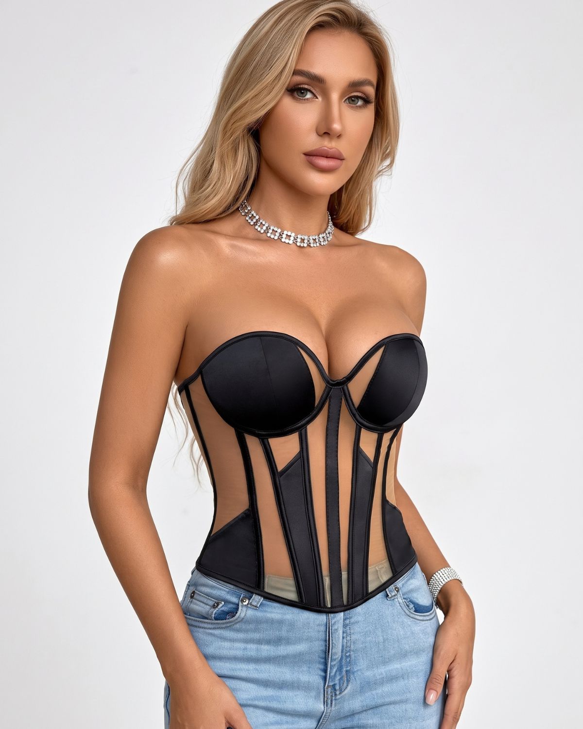 Top bustier a corsetto steccato in rete trasparente