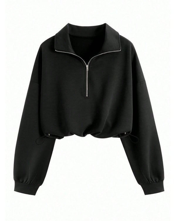 Half-Zip Collared Knit Crop Top