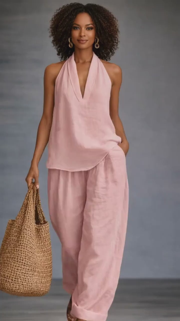 Linen-Blend Halter V-Neck Top & Wide-Leg Trousers Set