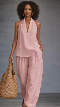Linen-Blend Halter V-Neck Top & Wide-Leg Trousers Set