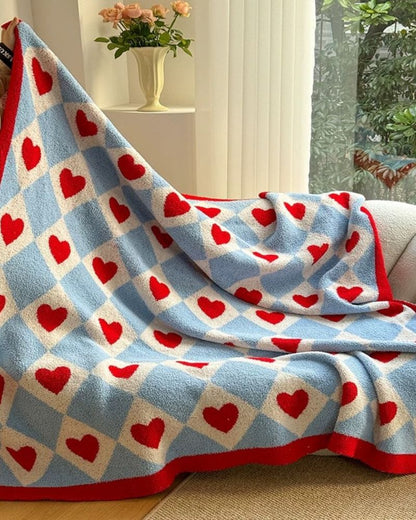 Color Block Heart Plush Blanket - Cute Designer Half-Side Fleece Throw
