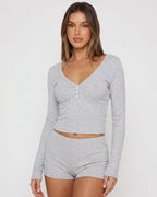 Button Front Crop Top & Shorts Set