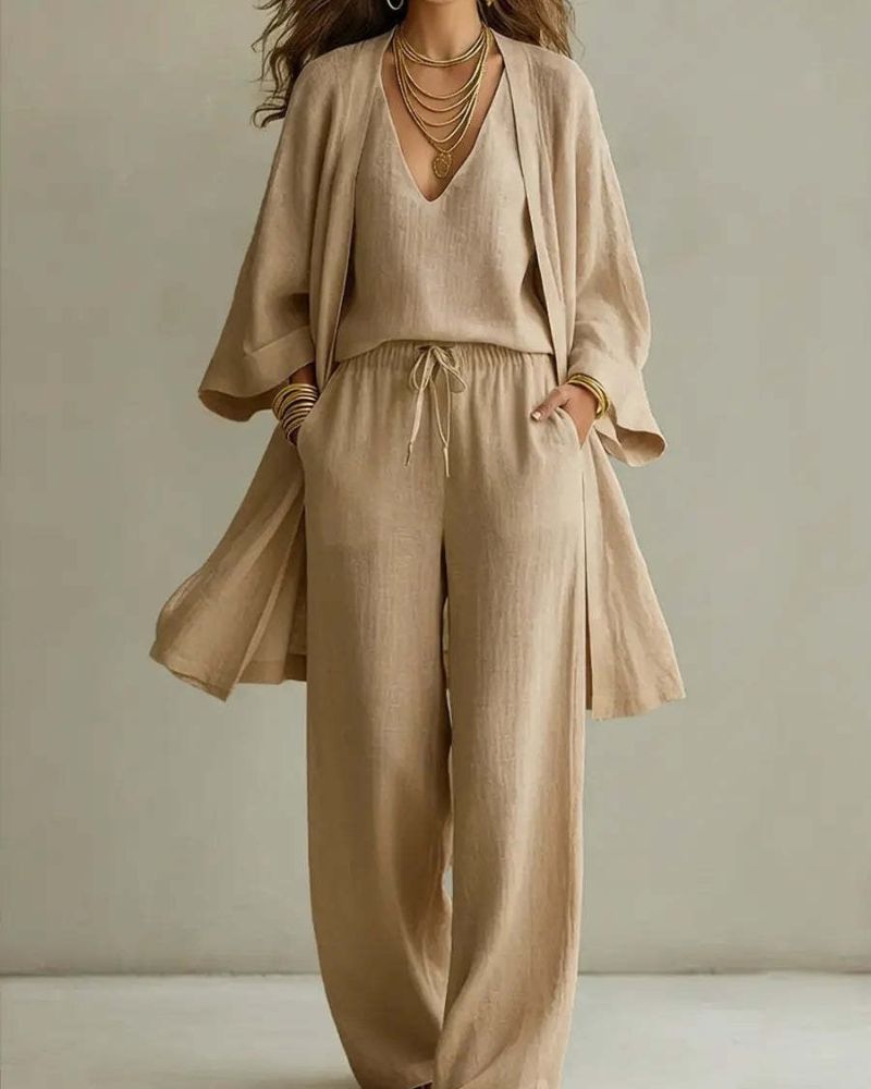 Sleeveless V-Neck Wide-Leg Three-Piece Set