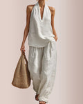 Linen-Blend Halter V-Neck Top & Wide-Leg Trousers Set
