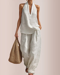 Linen-Blend Halter V-Neck Top & Wide-Leg Trousers Set