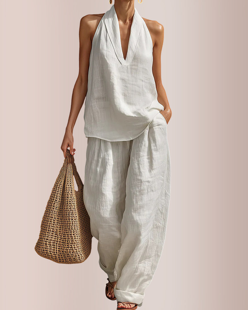 Summer Linen-Blend Halter V-Neck Top & Wide-Leg Trousers Set