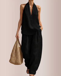 Linen-Blend Halter V-Neck Top & Wide-Leg Trousers Set