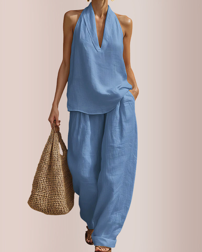 Summer Linen-Blend Halter V-Neck Top & Wide-Leg Trousers Set