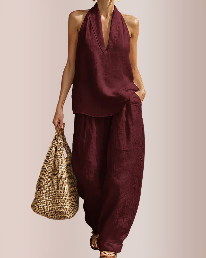 Linen-Blend Halter V-Neck Top & Wide-Leg Trousers Set