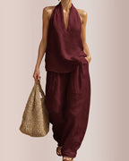 Halter V-Neck Top & Wide-Leg Trousers Set