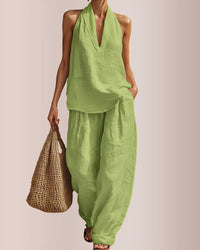 Linen-Blend Halter V-Neck Top & Wide-Leg Trousers Set