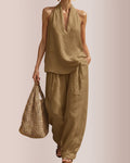 Linen-Blend Halter V-Neck Top & Wide-Leg Trousers Set