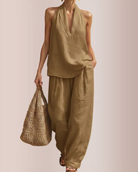 Linen-Blend Halter V-Neck Top & Wide-Leg Trousers Set