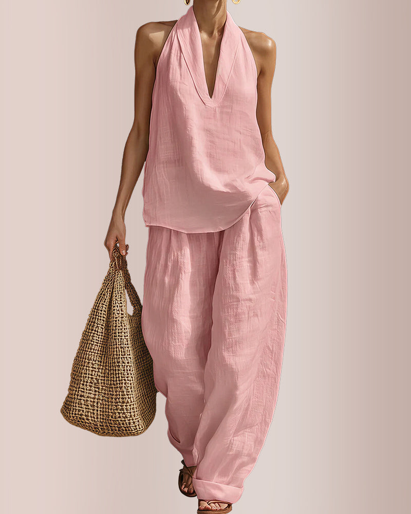 Linen-Blend Halter V-Neck Top & Wide-Leg Trousers Set