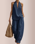 Linen-Blend Halter V-Neck Top & Wide-Leg Trousers Set