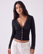 Lace-Trim Sheer Knit Cropped Cardigan