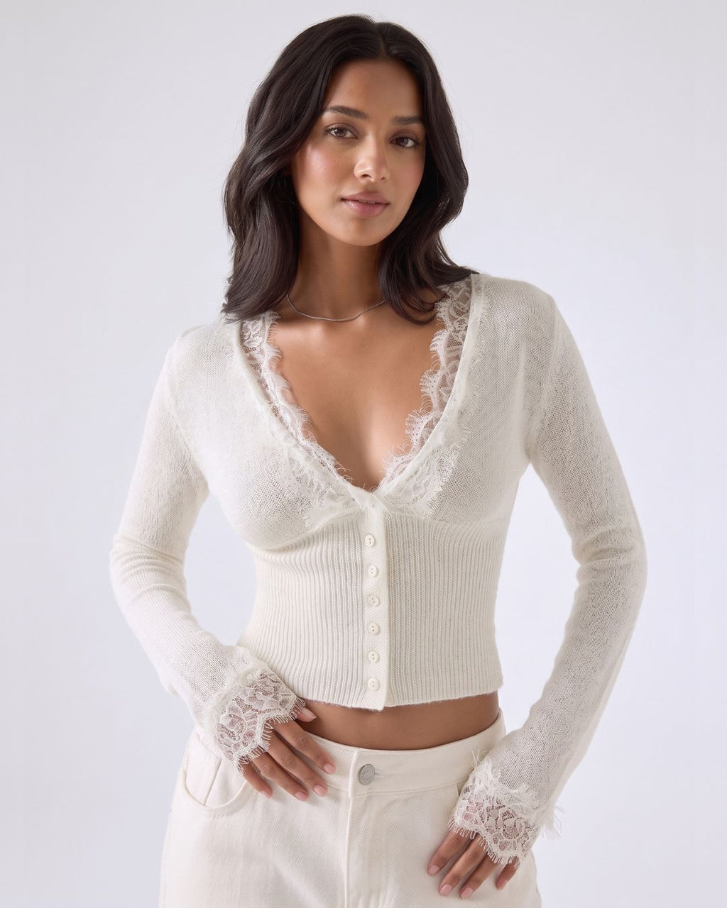 Lace-Trim Sheer Knit Cropped Cardigan