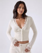 Lace-Trim Sheer Knit Cropped Cardigan