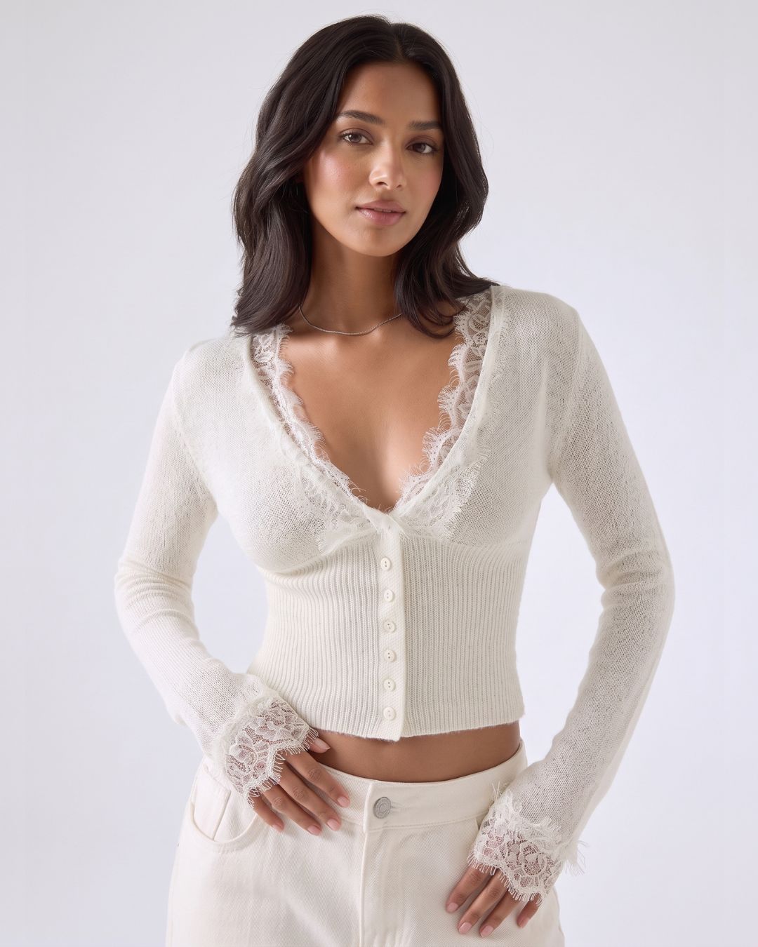 Lace-Trim Sheer Knit Cropped Cardigan