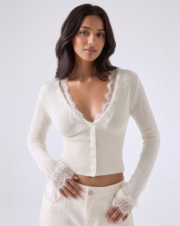 Lace-Trim Sheer Knit Cropped Cardigan