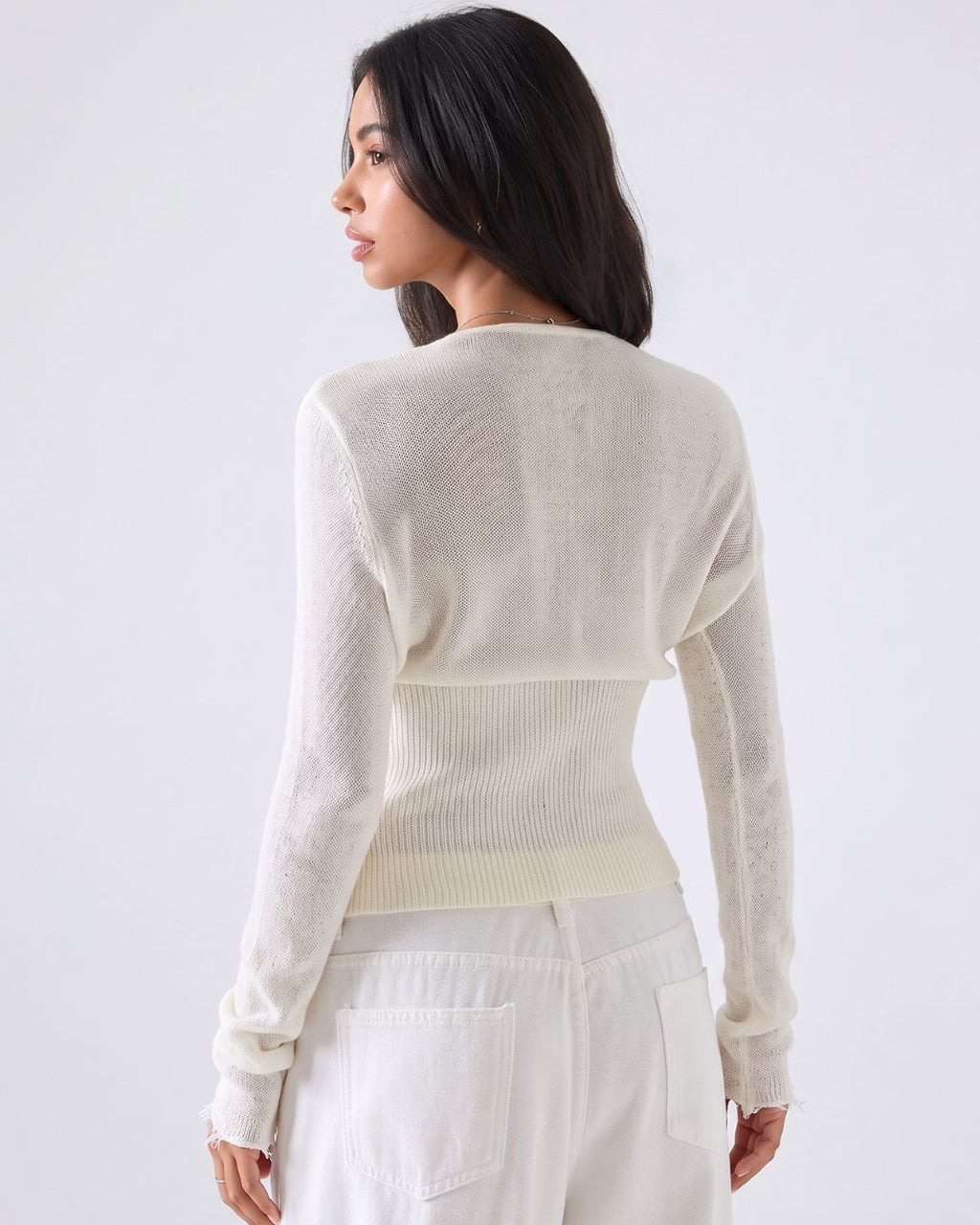 Lace-Trim Sheer Knit Cropped Cardigan