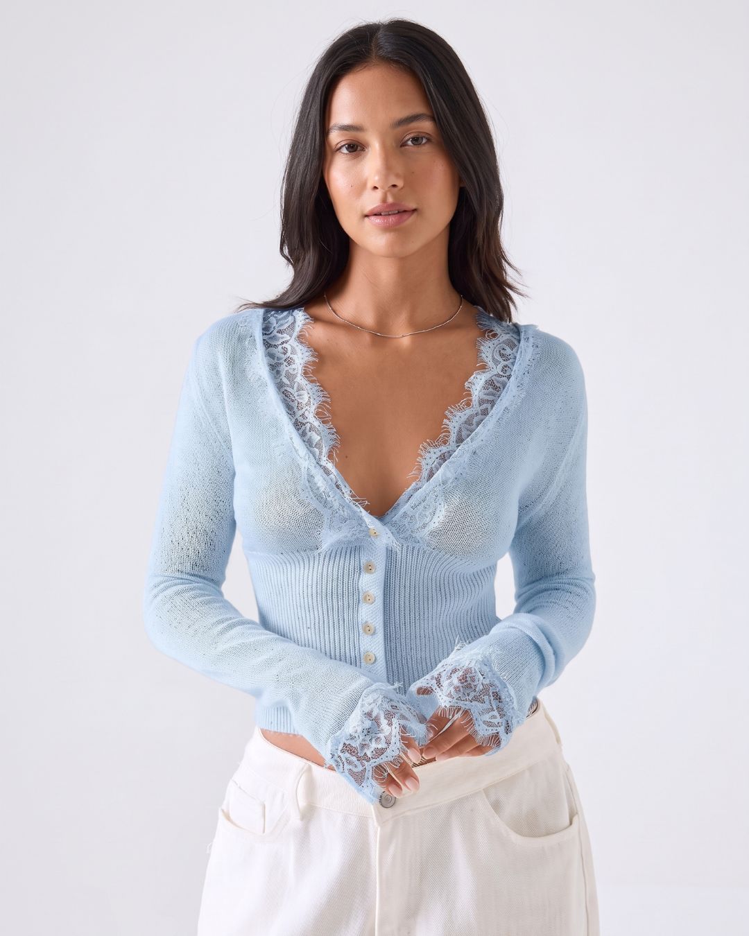 Lace-Trim Sheer Knit Cropped Cardigan
