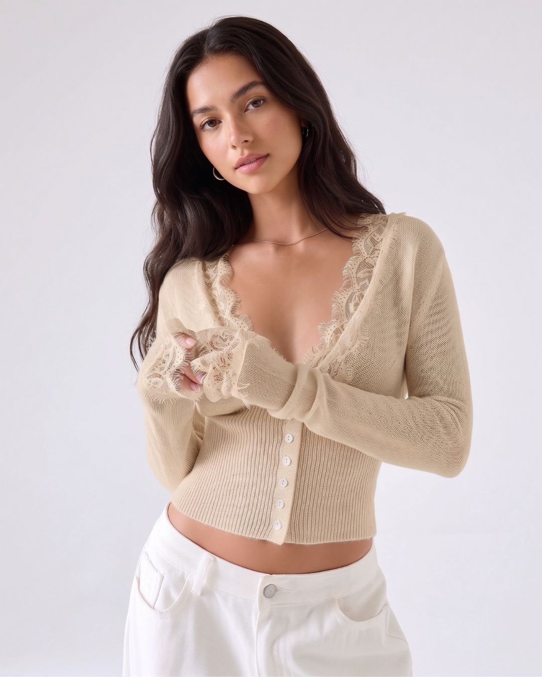Lace-Trim Sheer Knit Cropped Cardigan