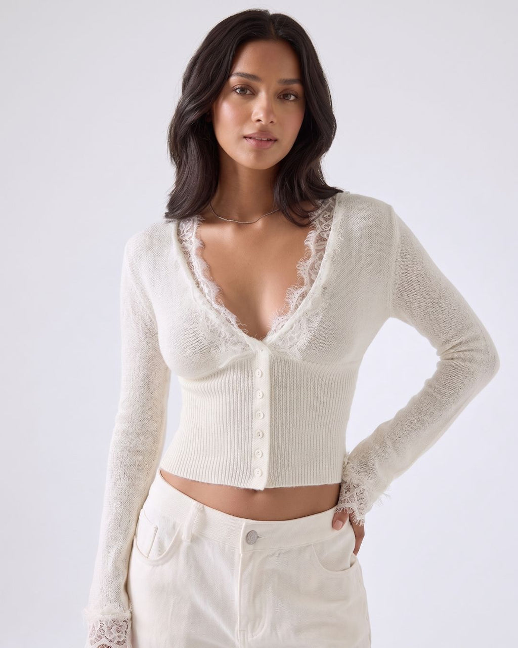 Lace-Trim Sheer Knit Cropped Cardigan