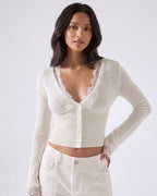 Lace-Trim Sheer Knit Cropped Cardigan