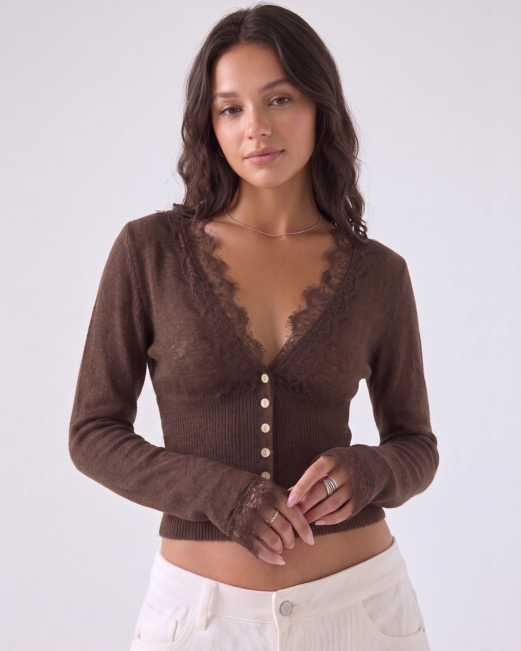 Lace-Trim Sheer Knit Cropped Cardigan